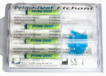 Prime-Dent Etchant Gel 37% Phosphoric Acid Syringe Kit: Blue (4 - 1.2mL Syringes and 8 Tips)