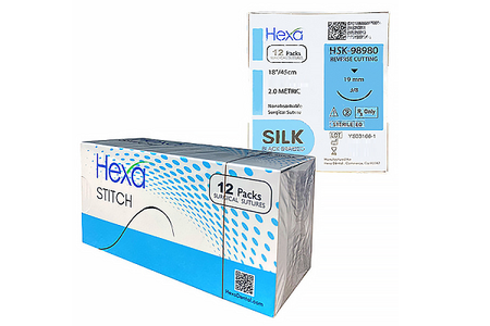 Hexa Silk Black Braided Sutures - Size 3/0, Needle 19mm, Length 18" - Hygedent USA